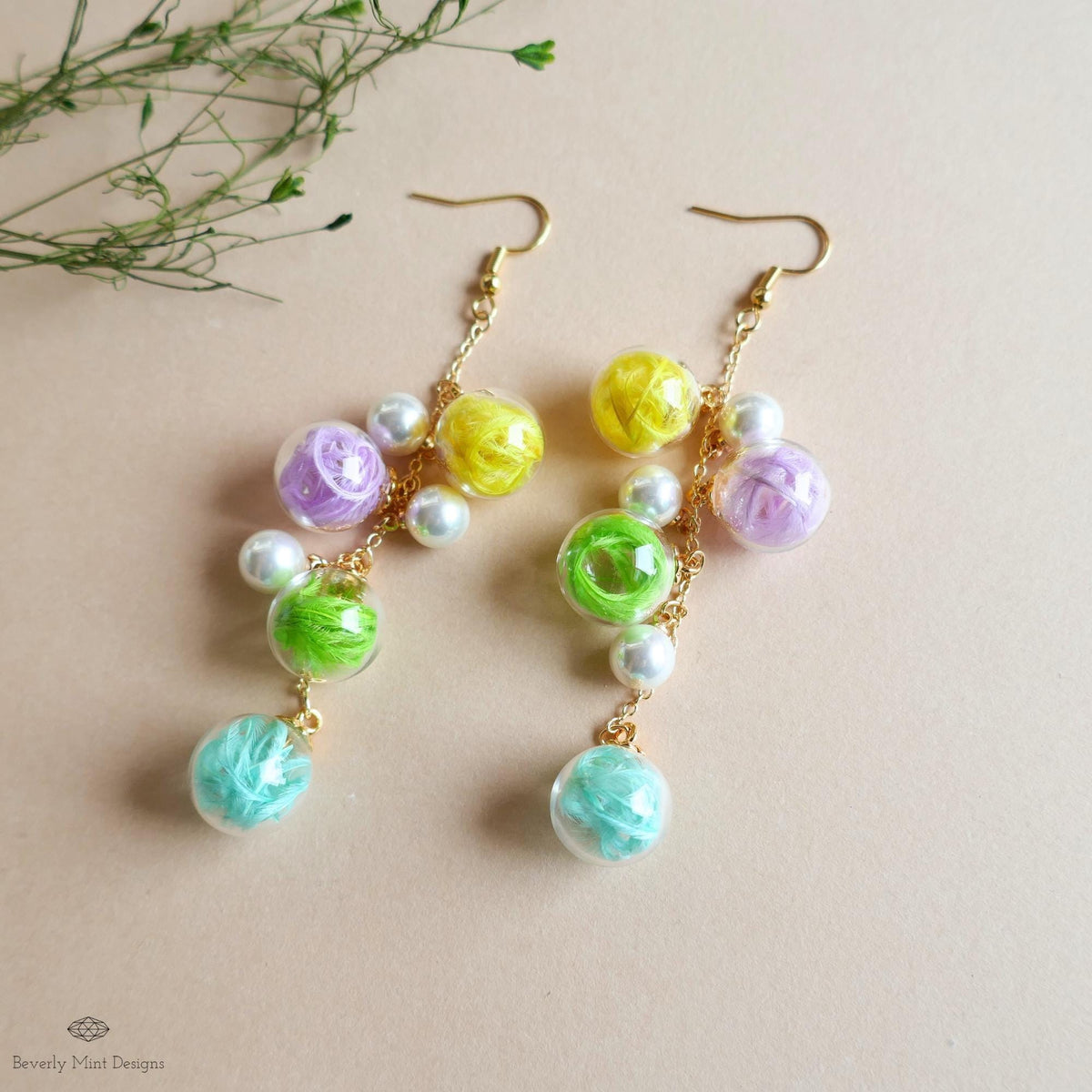Bubble Earrings Dangle Glass Beaded Earrings with Pearls Gold Chain Lightweight Fairycore Bridal Jewelry, Sensitive Ear & Clip-On Options