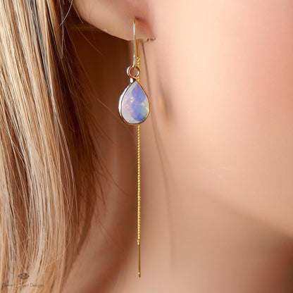 Teardrop opalite earrings, opalite dangle earrings, gold chunky huggie hoops, faceted drop earrings, Sensitive Ear & Clip-On Options