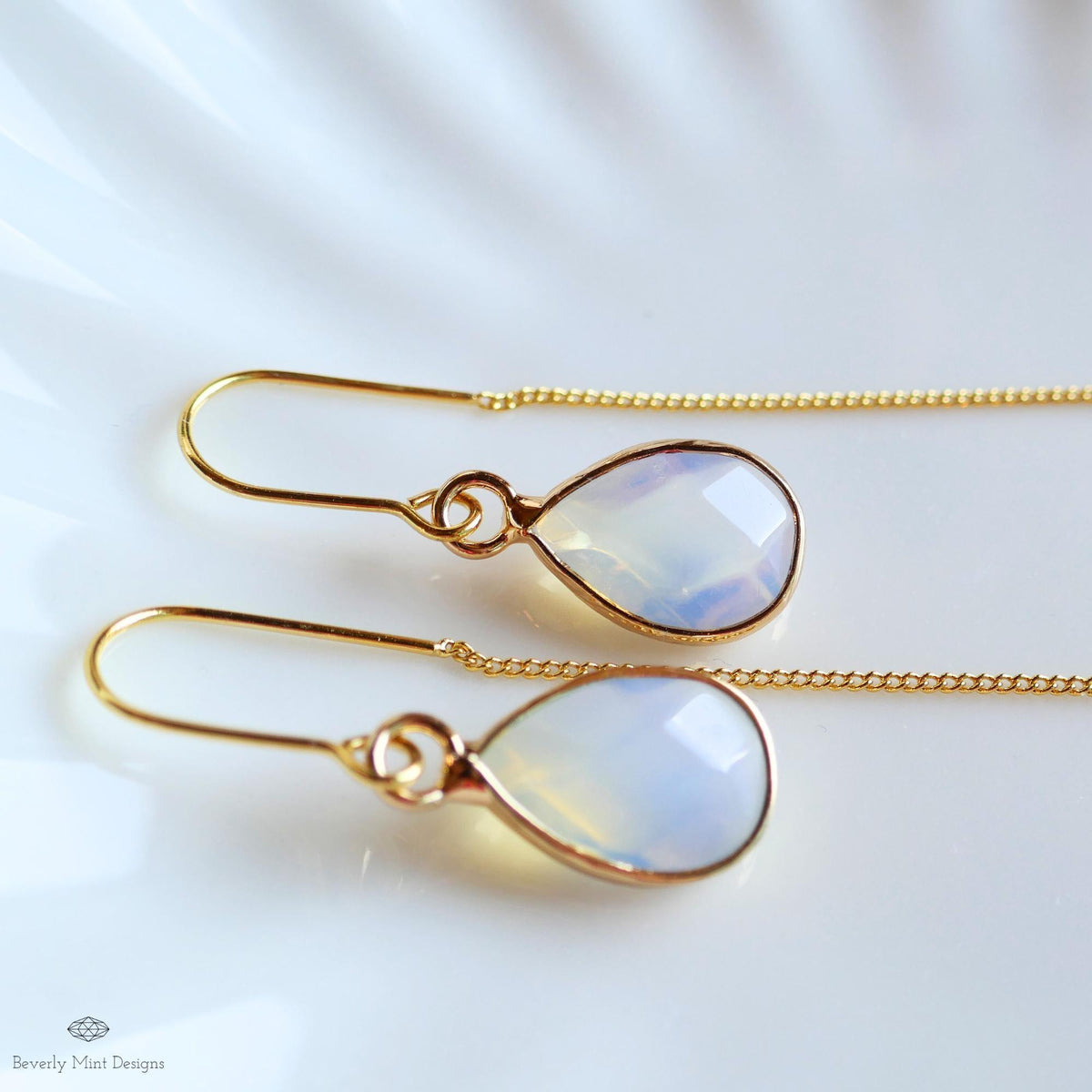 Teardrop opalite earrings, opalite dangle earrings, gold chunky huggie hoops, faceted drop earrings, Sensitive Ear & Clip-On Options