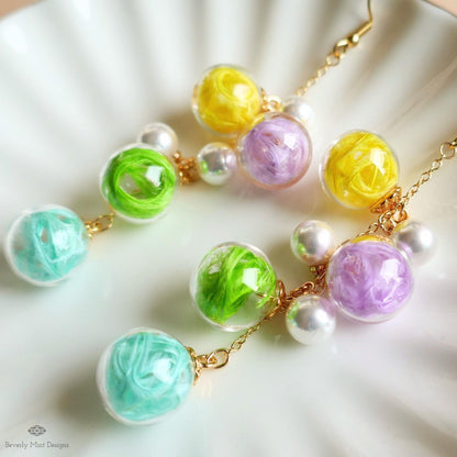 Bubble Earrings Dangle Glass Beaded Earrings with Pearls Gold Chain Lightweight Fairycore Bridal Jewelry, Sensitive Ear & Clip-On Options