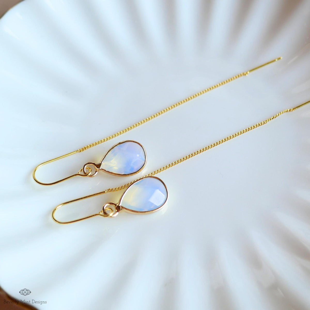 Teardrop opalite earrings, opalite dangle earrings, gold chunky huggie hoops, faceted drop earrings, Sensitive Ear & Clip-On Options