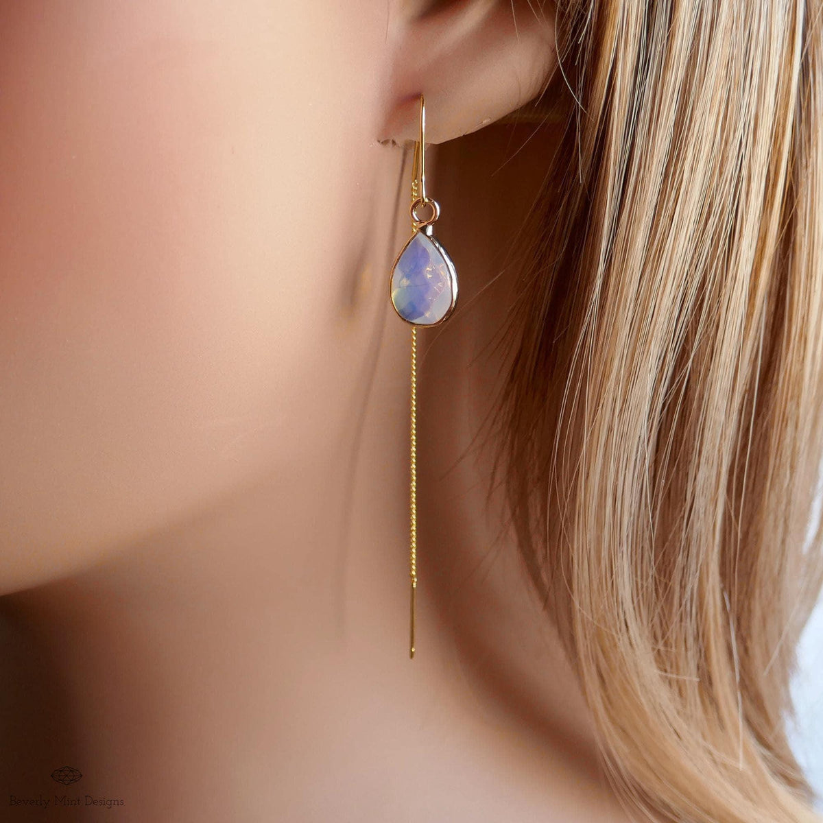 Teardrop opalite earrings, opalite dangle earrings, gold chunky huggie hoops, faceted drop earrings, Sensitive Ear & Clip-On Options
