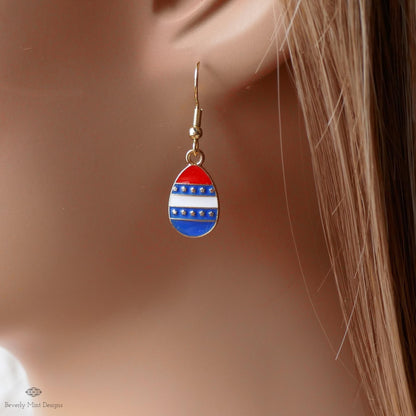 Teardrop Patriotic Earrings , Red White Blue Dangle Jewelry, USA 4th of July Earrings, Sensitive Ear & Clip-On Options