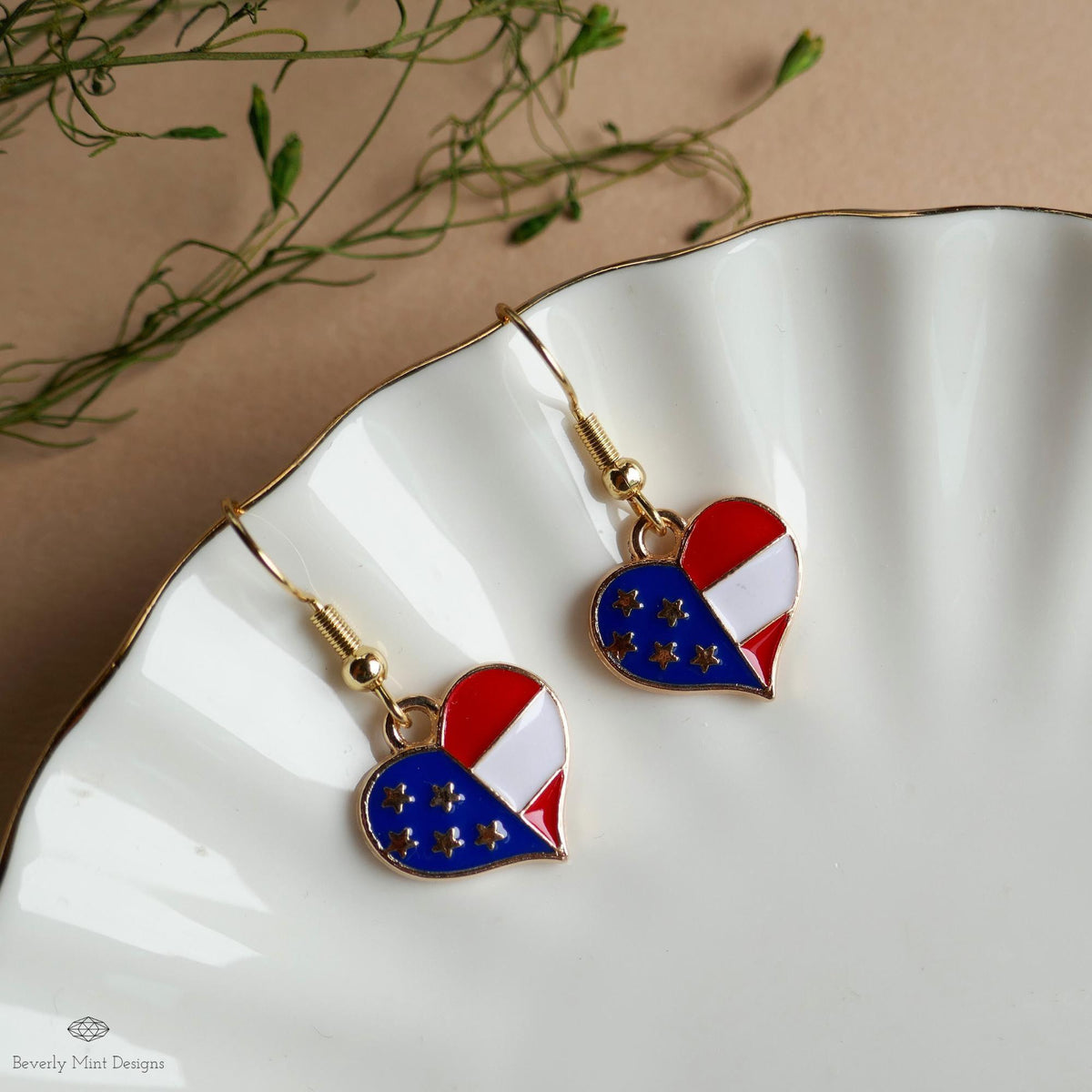 Patriotic Heart Earrings , Red White Blue American Flag Jewelry, USA 4th of July Dangle Earrings, Sensitive Ear & Clip-On Options
