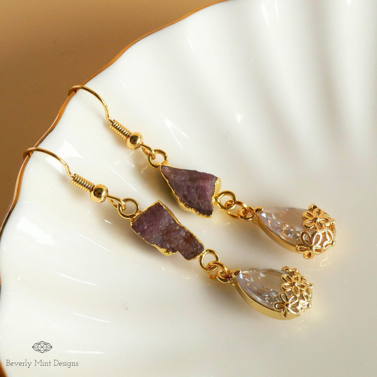 Pink Tourmaline Raw Stone Earrings with CZ, 18K Gold Birthstone Jewelry, Raw Stone Earrings, Chakra, Sensitive Ear & Clip-On Options