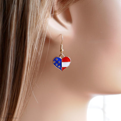 Patriotic Heart Earrings , Red White Blue American Flag Jewelry, USA 4th of July Dangle Earrings, Sensitive Ear & Clip-On Options