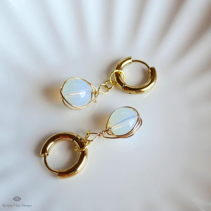 Moonstone drop earrings, wire wrapped dangle earrings, gold huggie earrings, boho minimalist jewelry, birthstone for June