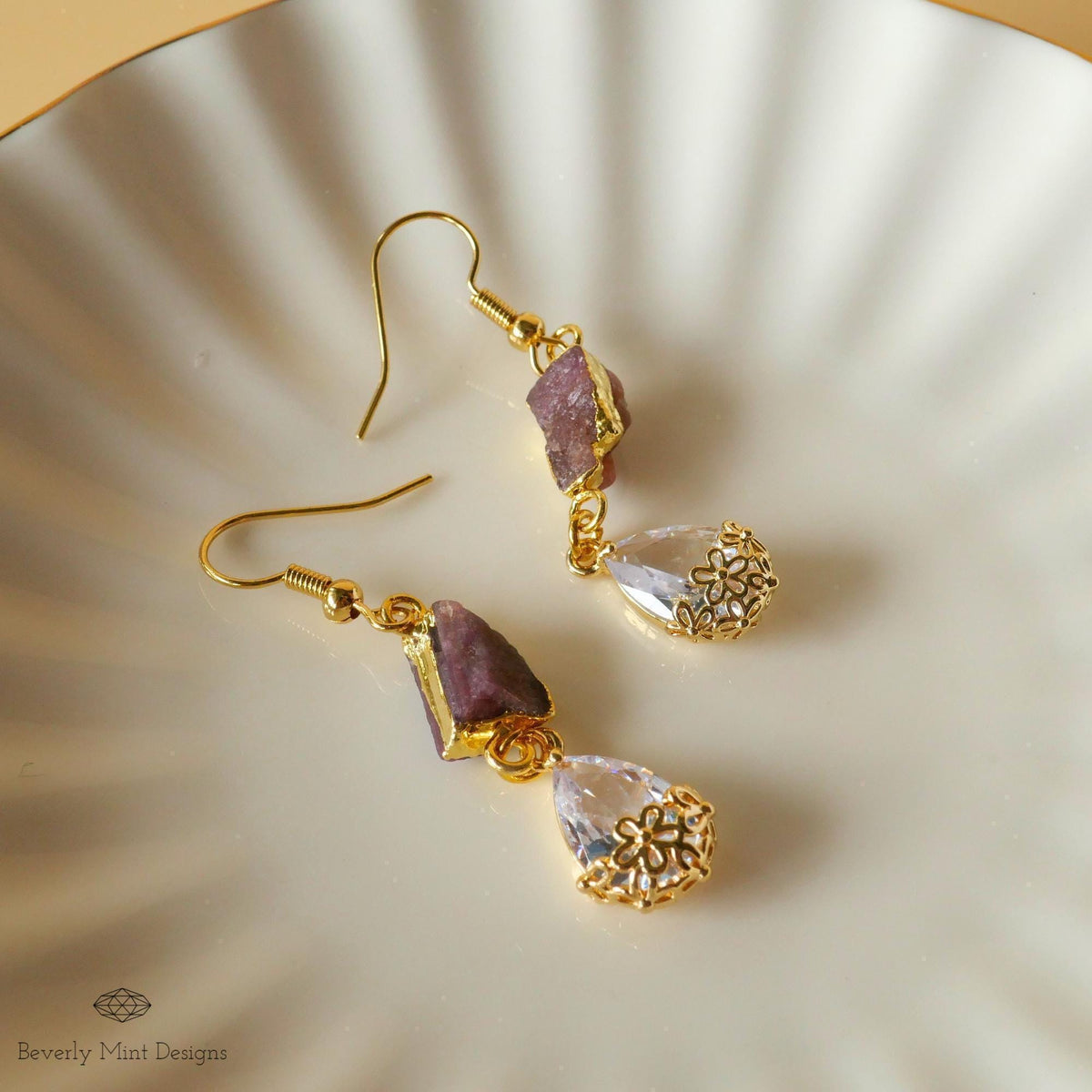Pink Tourmaline Raw Stone Earrings with CZ, 18K Gold Birthstone Jewelry, Raw Stone Earrings, Chakra, Sensitive Ear & Clip-On Options