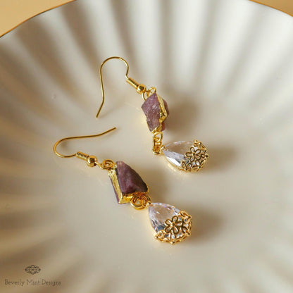 Pink Tourmaline Raw Stone Earrings with CZ, 18K Gold Birthstone Jewelry, Raw Stone Earrings, Chakra, Sensitive Ear & Clip-On Options