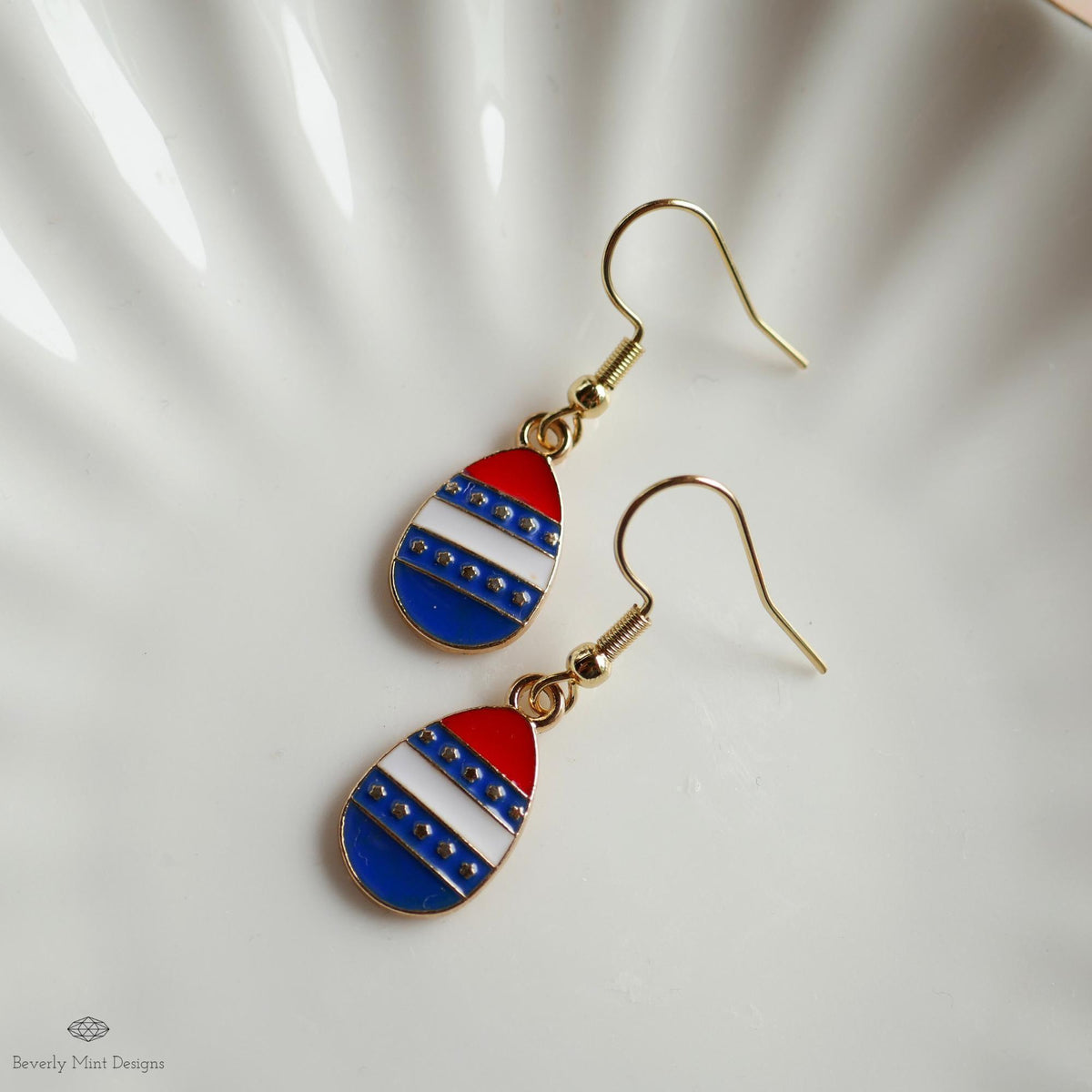Teardrop Patriotic Earrings , Red White Blue Dangle Jewelry, USA 4th of July Earrings, Sensitive Ear & Clip-On Options