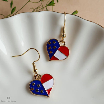 Patriotic Heart Earrings , Red White Blue American Flag Jewelry, USA 4th of July Dangle Earrings, Sensitive Ear & Clip-On Options