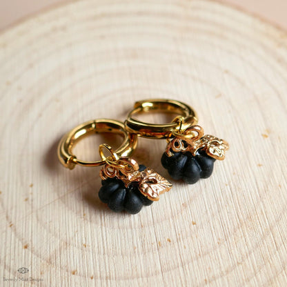 Black Pumpkin Huggie Hoop Earrings, Chunky Gold Fall Earrings, Halloween Dangle Earrings, Cute Autumn Jewelry, Thanksgiving Accessories