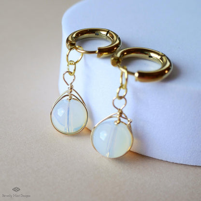 Moonstone drop earrings, wire wrapped dangle earrings, gold huggie earrings, boho minimalist jewelry, birthstone for June