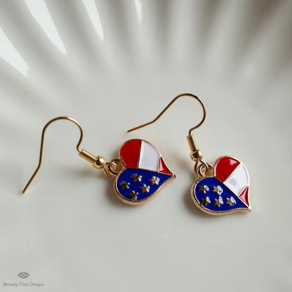 Patriotic Heart Earrings , Red White Blue American Flag Jewelry, USA 4th of July Dangle Earrings, Sensitive Ear & Clip-On Options