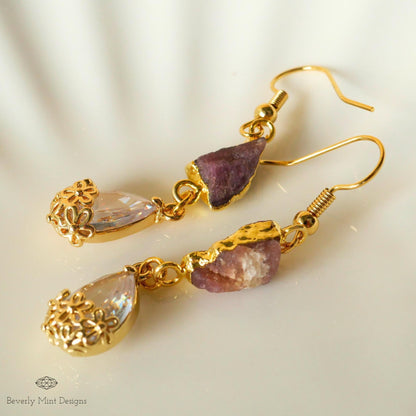 Pink Tourmaline Raw Stone Earrings with CZ, 18K Gold Birthstone Jewelry, Raw Stone Earrings, Chakra, Sensitive Ear & Clip-On Options