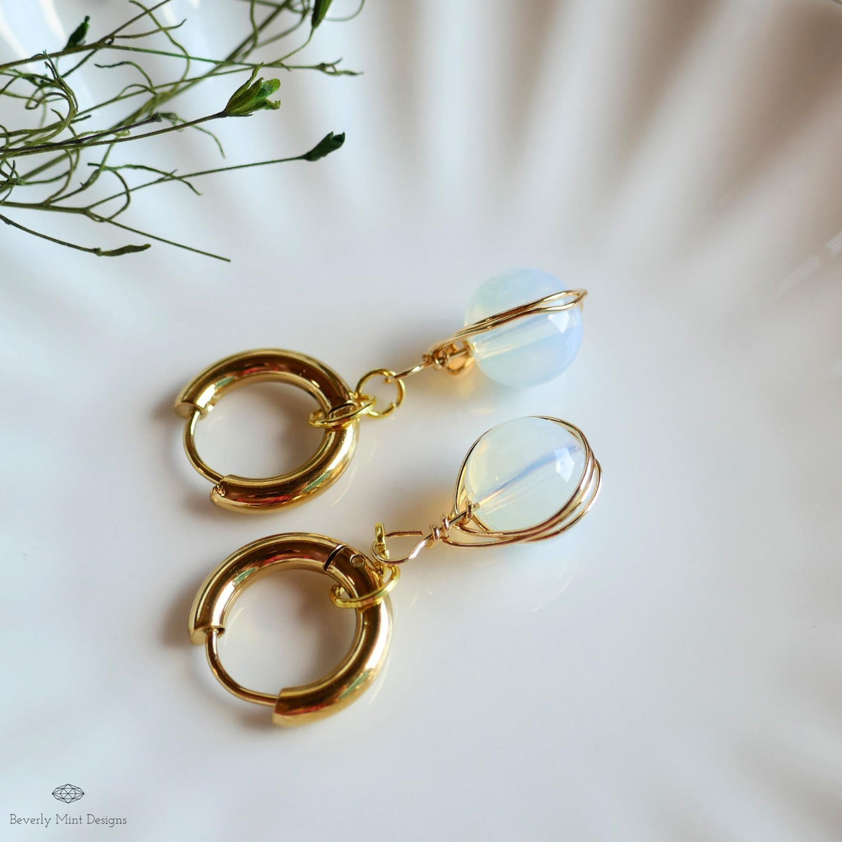 Moonstone drop earrings, wire wrapped dangle earrings, gold huggie earrings, boho minimalist jewelry, birthstone for June