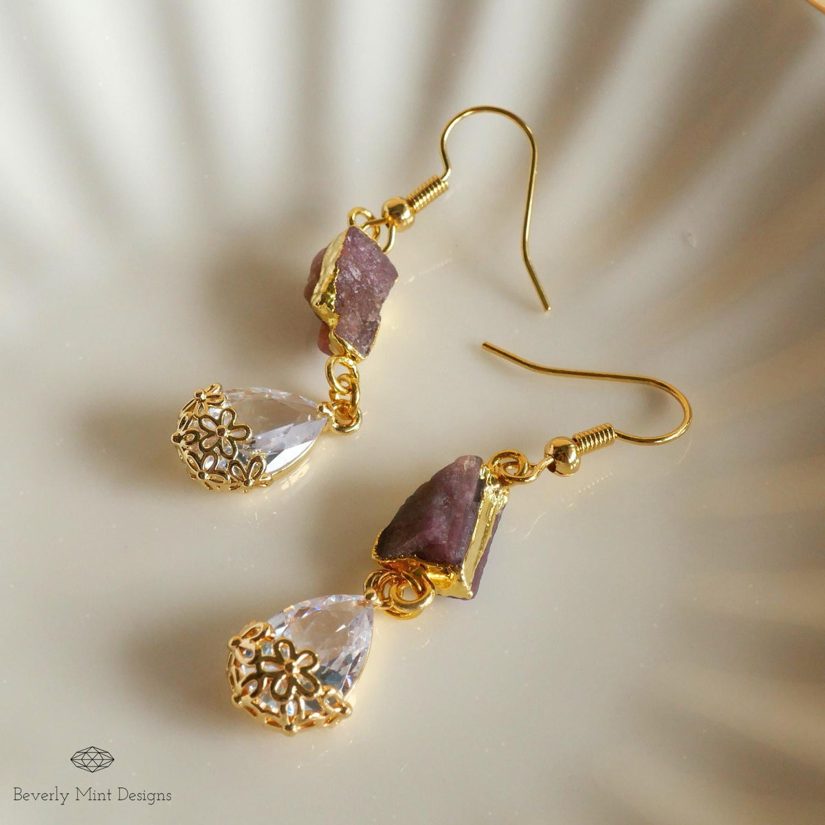 Pink Tourmaline Raw Stone Earrings with CZ, 18K Gold Birthstone Jewelry, Raw Stone Earrings, Chakra, Sensitive Ear & Clip-On Options