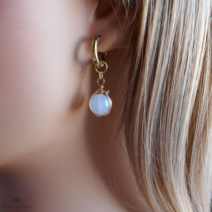 Moonstone drop earrings, wire wrapped dangle earrings, gold huggie earrings, boho minimalist jewelry, birthstone for June