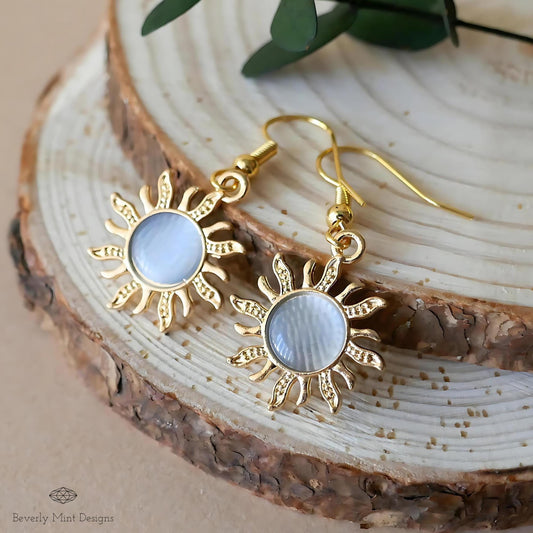 Sun Earrings, 18K Gold Boho Sun Earrings, Blue Earrings, Bohemian Style Earrings, Gold Sunburst Earrings, Sensitive Ear & Clip-On Options