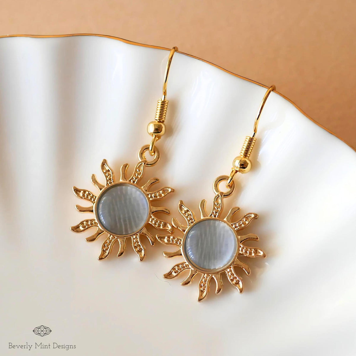 Sun Earrings, 18K Gold Boho Sun Earrings, Blue Earrings, Bohemian Style Earrings, Gold Sunburst Earrings, Sensitive Ear & Clip-On Options