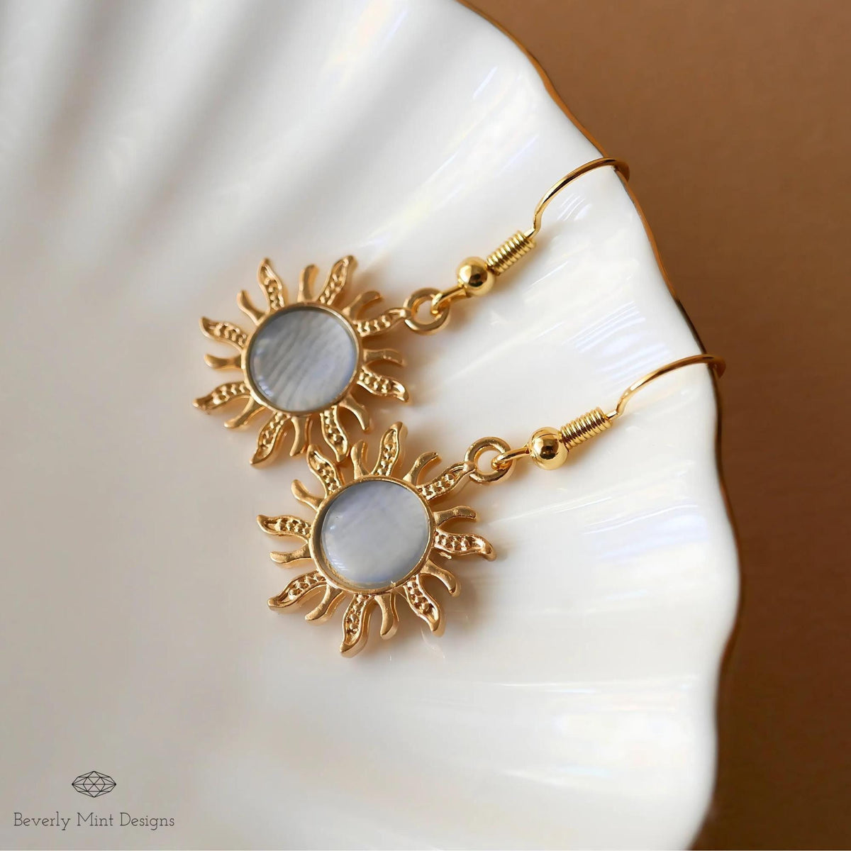 Sun Earrings, 18K Gold Boho Sun Earrings, Blue Earrings, Bohemian Style Earrings, Gold Sunburst Earrings, Sensitive Ear & Clip-On Options