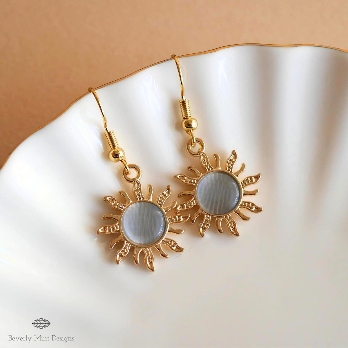 Sun Earrings, 18K Gold Boho Sun Earrings, Blue Earrings, Bohemian Style Earrings, Gold Sunburst Earrings, Sensitive Ear & Clip-On Options