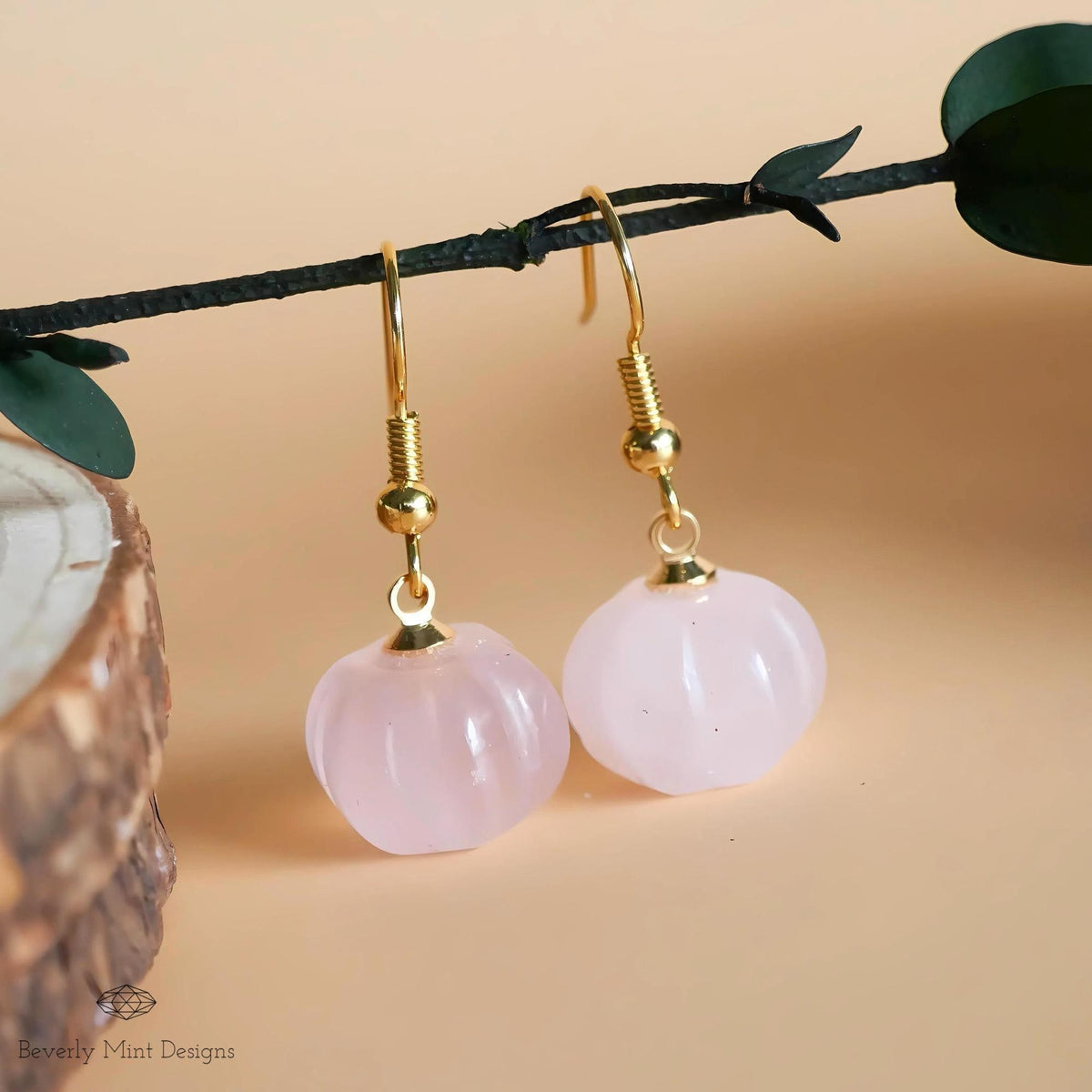 Halloween Pumpkin Earrings, Rose Quartz Earrings, Natural Stone Earrings, Pink Pumpkin Earrings, Sensitive Ear & Clip-On Options