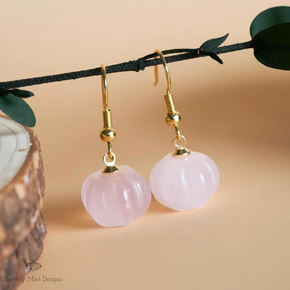 Halloween Pumpkin Earrings, Rose Quartz Earrings, Natural Stone Earrings, Pink Pumpkin Earrings, Sensitive Ear & Clip-On Options