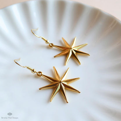 Gold Star Earrings, Statement Earrings, Boho Festival Jewelry, Astrology , Star Dangle Earrings, Sensitive Ear & Clip-On Options