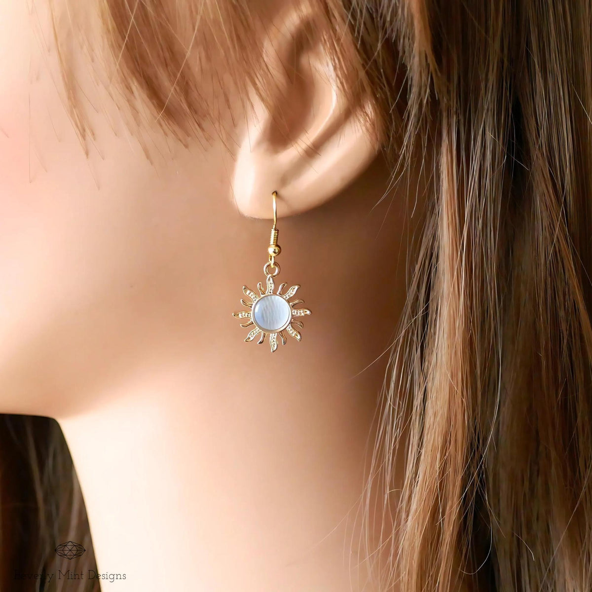Sun Earrings, 18K Gold Boho Sun Earrings, Blue Earrings, Bohemian Style Earrings, Gold Sunburst Earrings, Sensitive Ear & Clip-On Options
