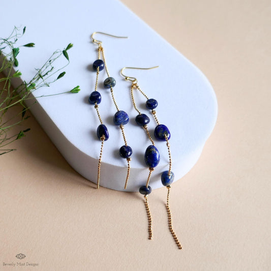 Lapis Lazuli earrings Long Dangle Earrings Gold Beaded Chain Jewelry Bold Blue Earrings Statement Drop, Sensitive Ear & Clip-On Options