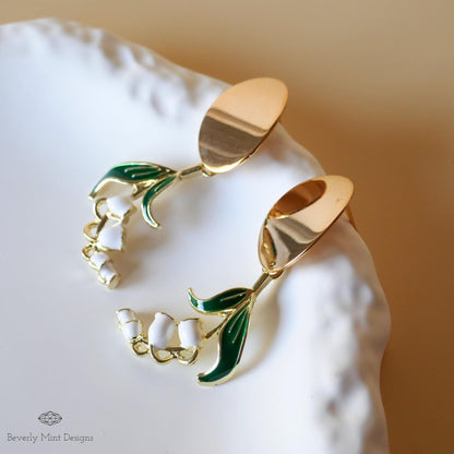 White Lily Of The Valley Flower Earrings, Floral Gold Drop Earrings, Birth Flower for May ,Unique Earrings ,Gift For Her