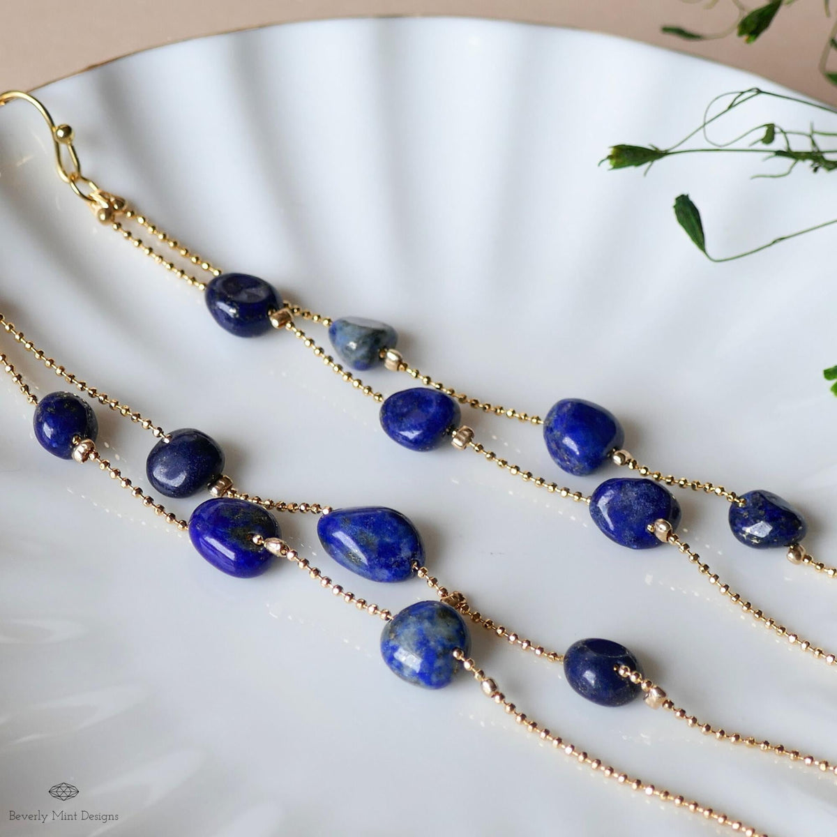 Lapis Lazuli earrings Long Dangle Earrings Gold Beaded Chain Jewelry Bold Blue Earrings Statement Drop, Sensitive Ear & Clip-On Options