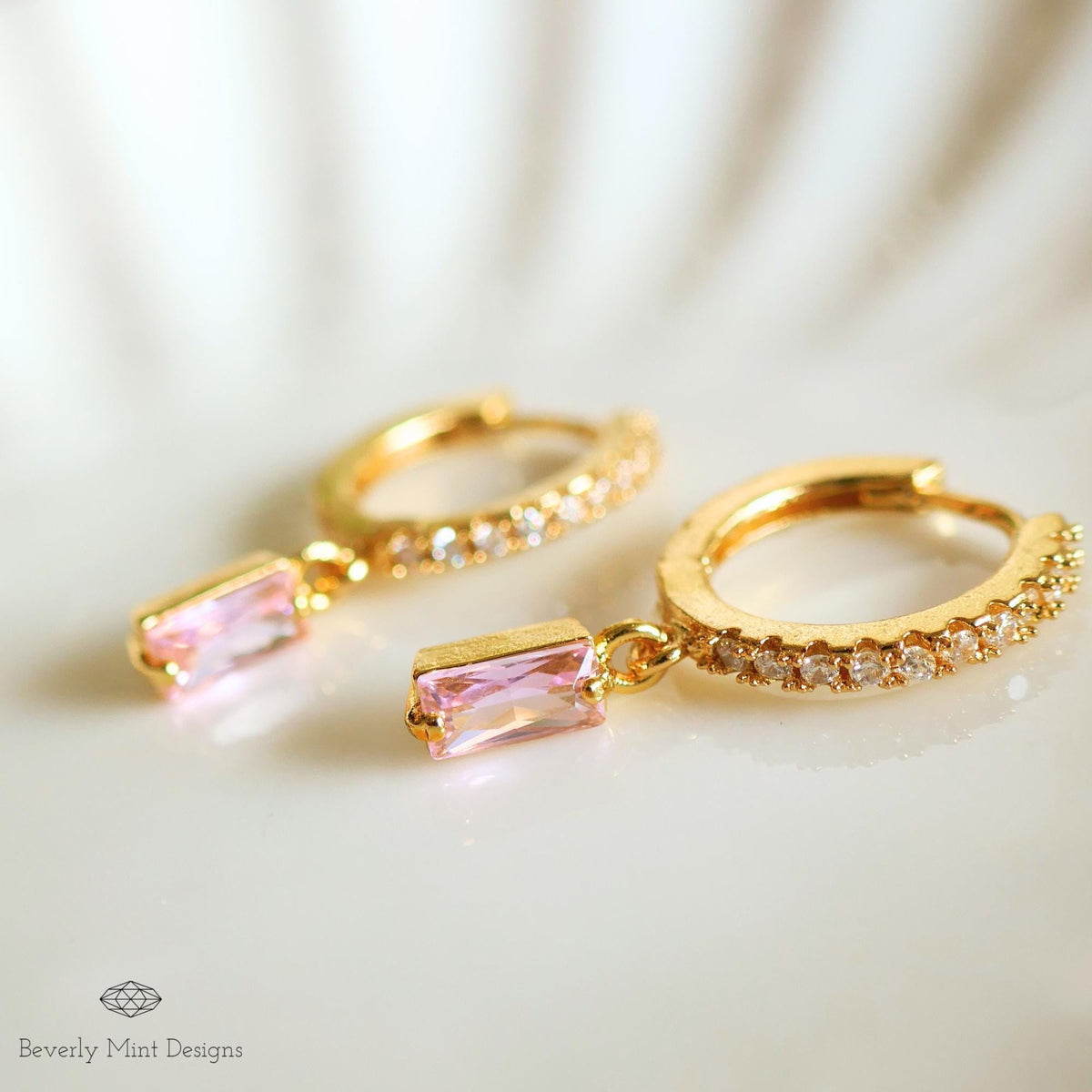 Gold Pave Hoop Earrings, Pink Stone Dangle Earrings, Minimalist Jewelry for Women, Elegant Wedding Earrings