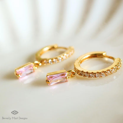 Gold Pave Hoop Earrings, Pink Stone Dangle Earrings, Minimalist Jewelry for Women, Elegant Wedding Earrings