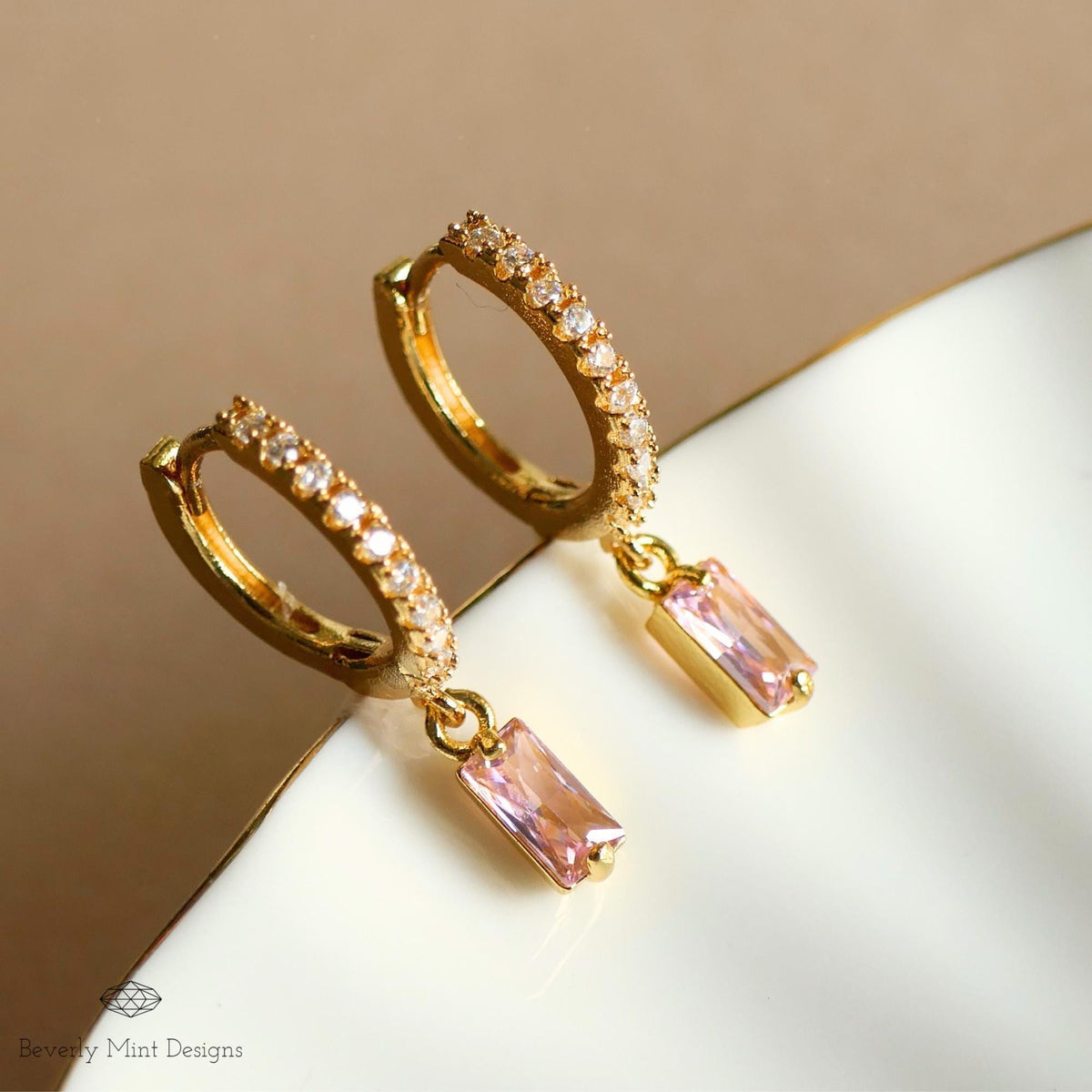 Gold Pave Hoop Earrings, Pink Stone Dangle Earrings, Minimalist Jewelry for Women, Elegant Wedding Earrings