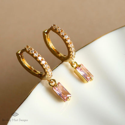 Gold Pave Hoop Earrings, Pink Stone Dangle Earrings, Minimalist Jewelry for Women, Elegant Wedding Earrings