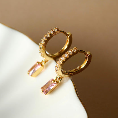 Gold Pave Hoop Earrings, Pink Stone Dangle Earrings, Minimalist Jewelry for Women, Elegant Wedding Earrings