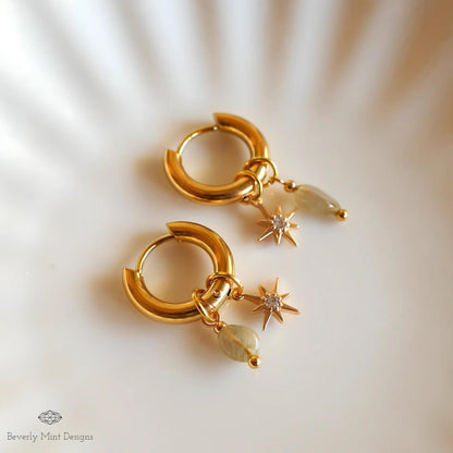 Gold Star Hoop Earrings, Minimalist Dangle Hoops, Celestial Statement Jewelry, 18K Gold Huggie Earrings, Chunky Huggie Hoops