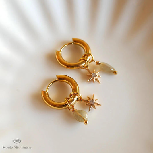Gold Star Hoop Earrings, Minimalist Dangle Hoops, Celestial Statement Jewelry, 18K Gold Huggie Earrings, Chunky Huggie Hoops
