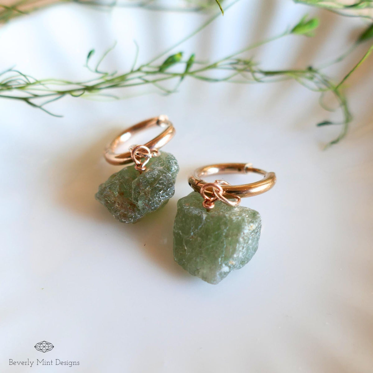 Raw Peridot Hoop Earrings, Rose Gold Huggie, August Birthstone Jewelry