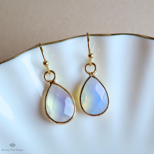 Teardrop opalite earrings, opalite dangle earrings, gold chunky huggie hoops, faceted drop earrings, Sensitive Ear & Clip-On Options
