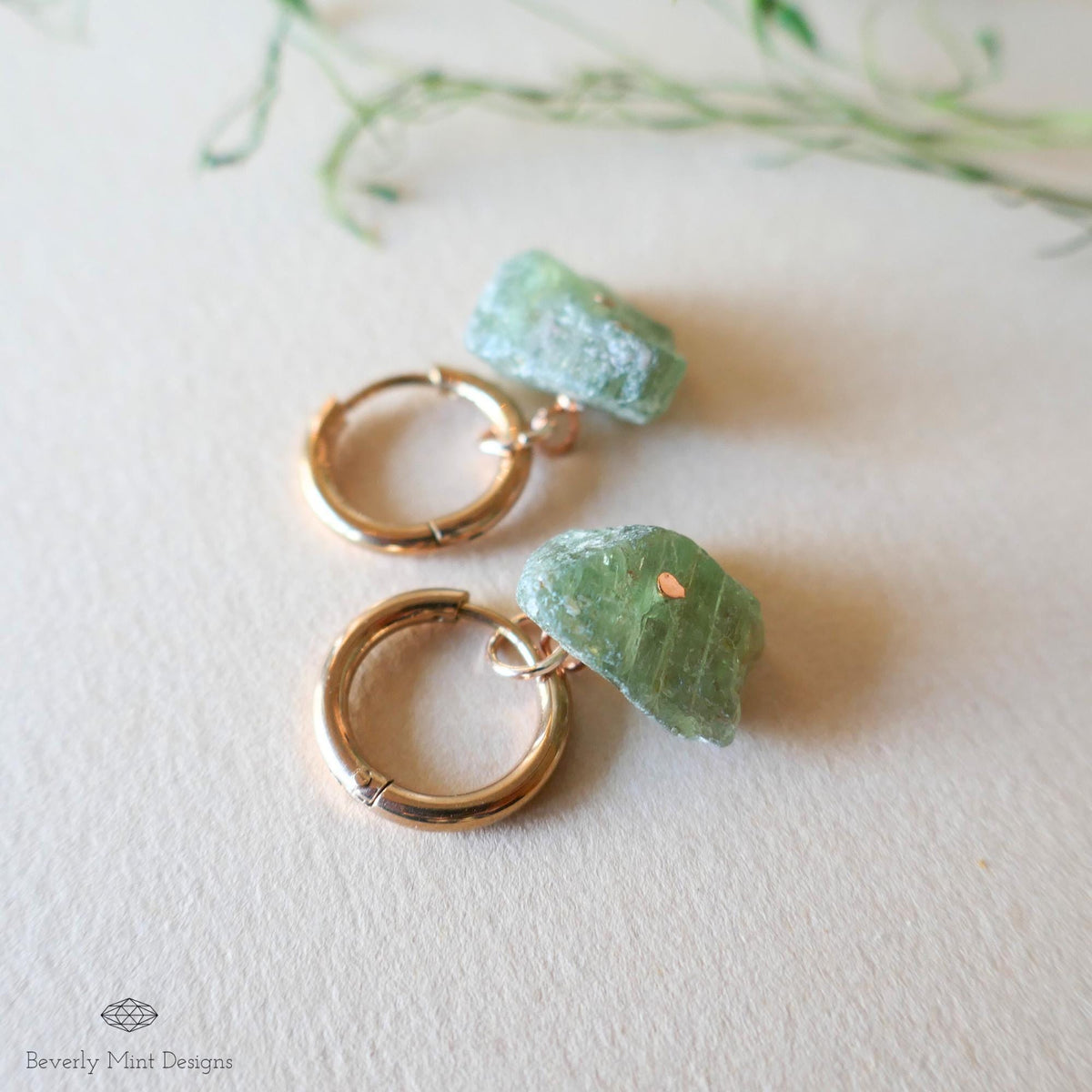 Raw Peridot Hoop Earrings, Rose Gold Huggie, August Birthstone Jewelry