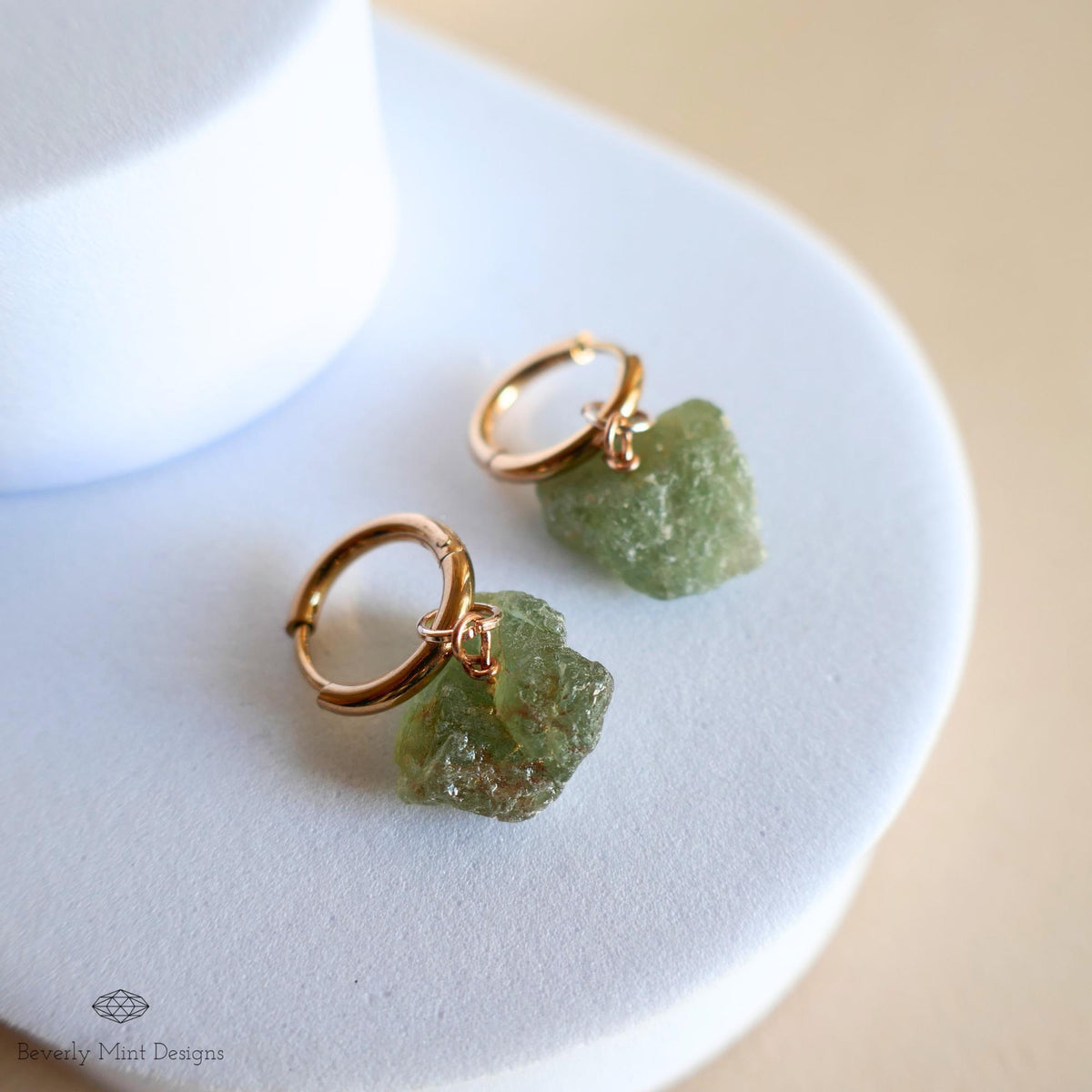 Raw Peridot Hoop Earrings, Rose Gold Huggie, August Birthstone Jewelry