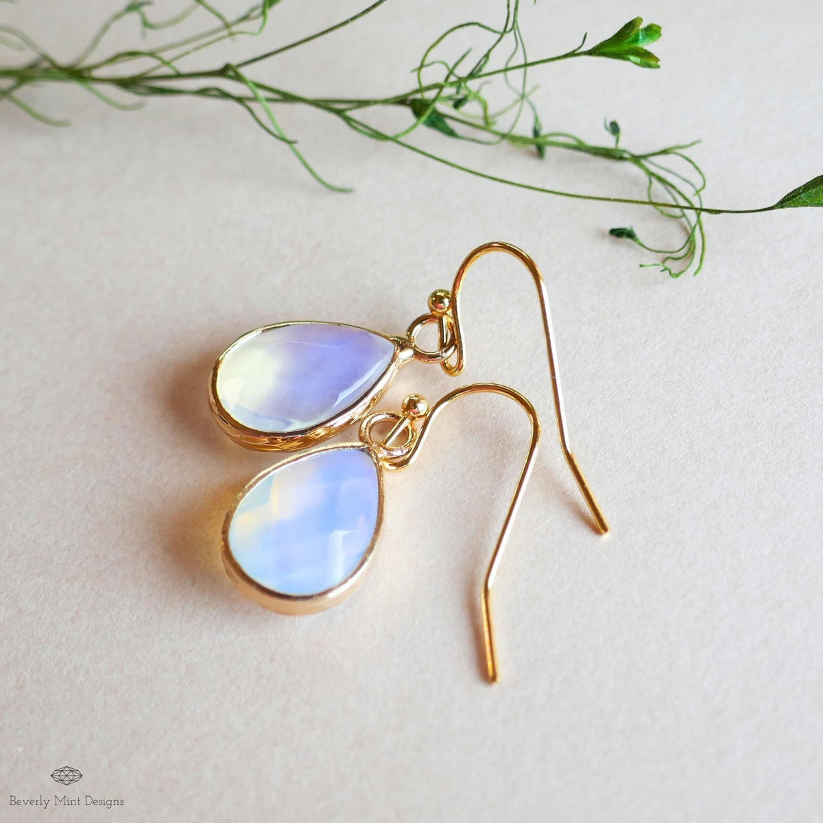 Teardrop opalite earrings, opalite dangle earrings, gold chunky huggie hoops, faceted drop earrings, Sensitive Ear & Clip-On Options