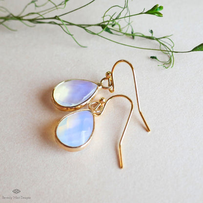Teardrop opalite earrings, opalite dangle earrings, gold chunky huggie hoops, faceted drop earrings, Sensitive Ear & Clip-On Options
