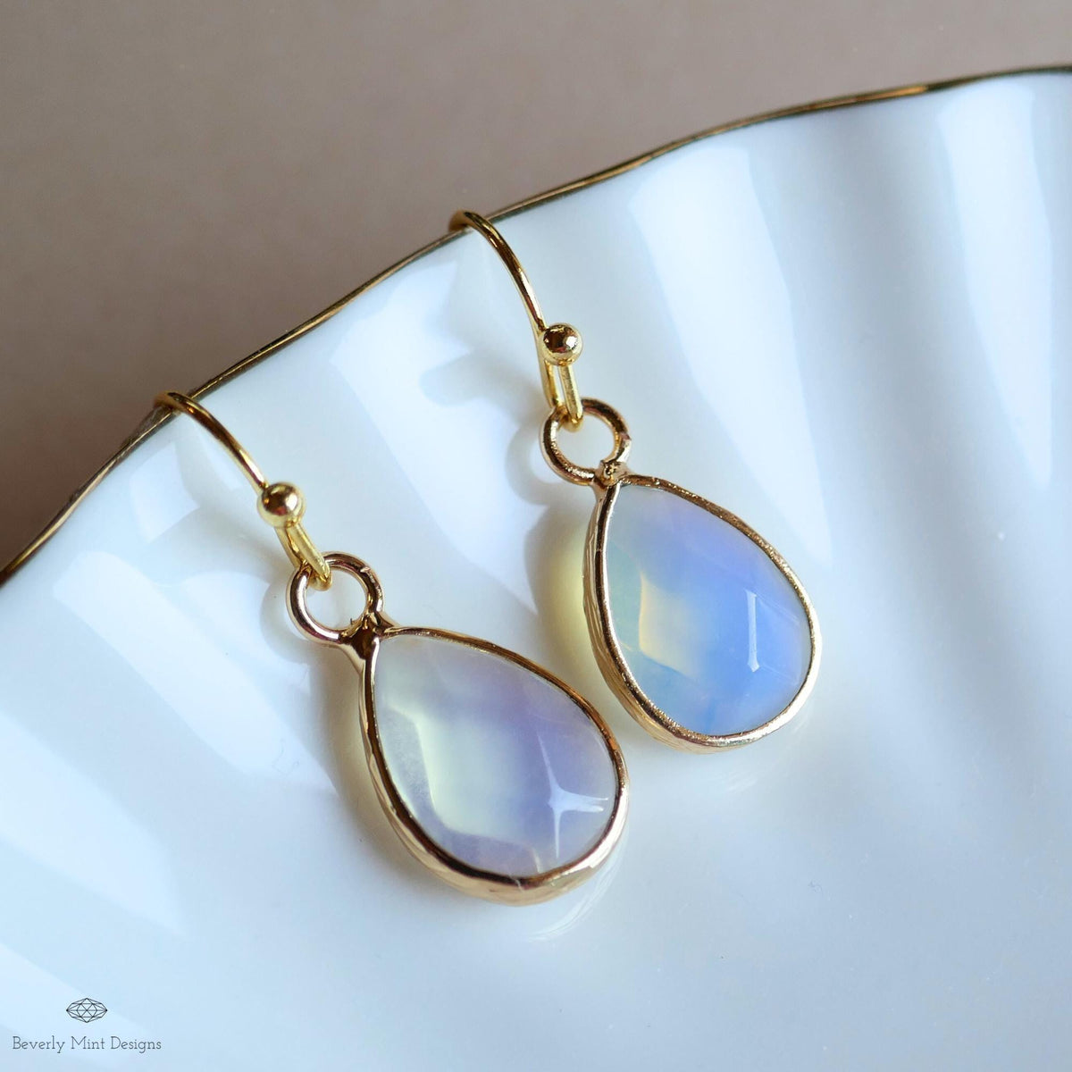 Teardrop opalite earrings, opalite dangle earrings, gold chunky huggie hoops, faceted drop earrings, Sensitive Ear & Clip-On Options