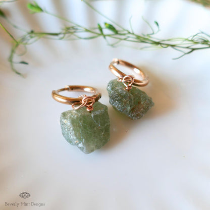 Raw Peridot Hoop Earrings, Rose Gold Huggie, August Birthstone Jewelry