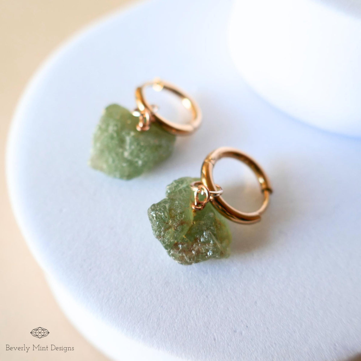 Raw Peridot Hoop Earrings, Rose Gold Huggie, August Birthstone Jewelry