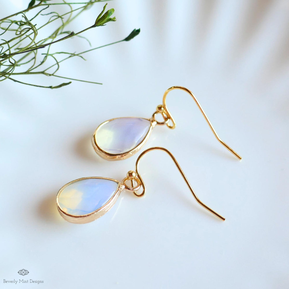 Teardrop opalite earrings, opalite dangle earrings, gold chunky huggie hoops, faceted drop earrings, Sensitive Ear & Clip-On Options